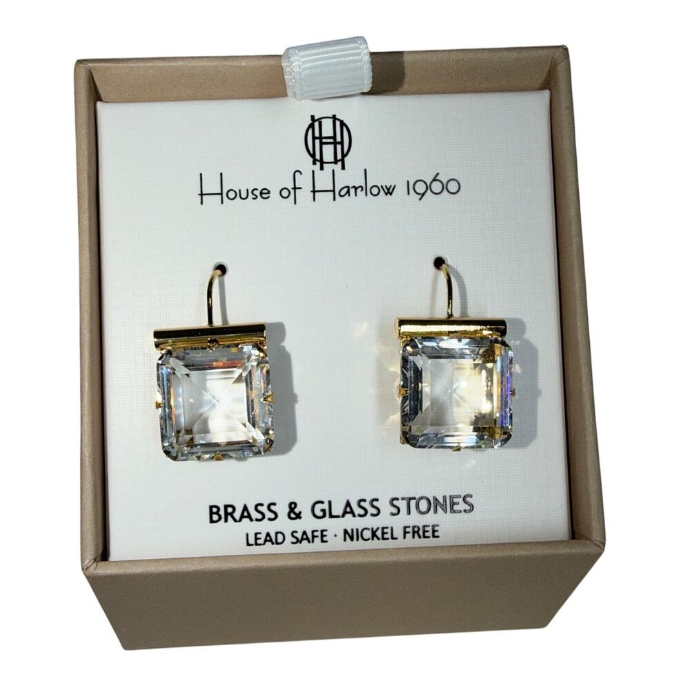 House of Harlow 1960 Gold Square Crystal Drop Earrings (NIB)